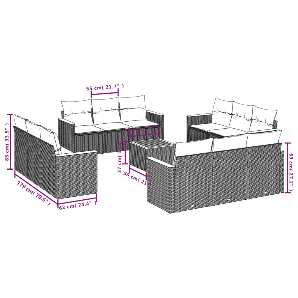 13 pcs conj. sofás jardim c/ almofadões vime PE bege misturado - Image 6