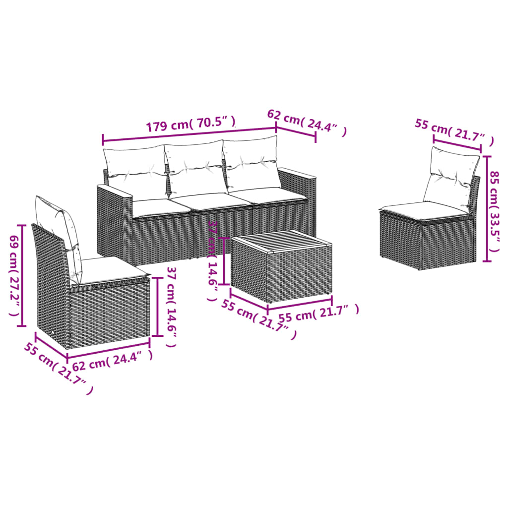 6 pcs conj. sofás jardim c/ almofadões vime PE bege misturado - Image 6