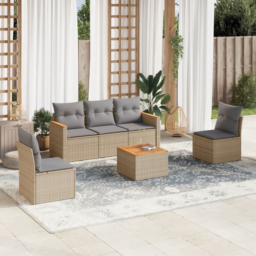 6 pcs conj. sofás jardim c/ almofadões vime PE bege misturado