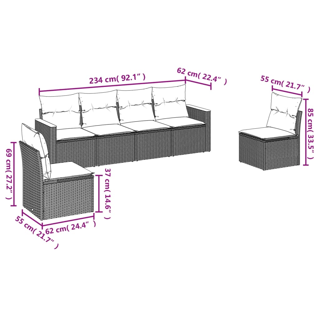 6 pcs conj. sofás jardim c/ almofadões vime PE bege misturado - Image 5