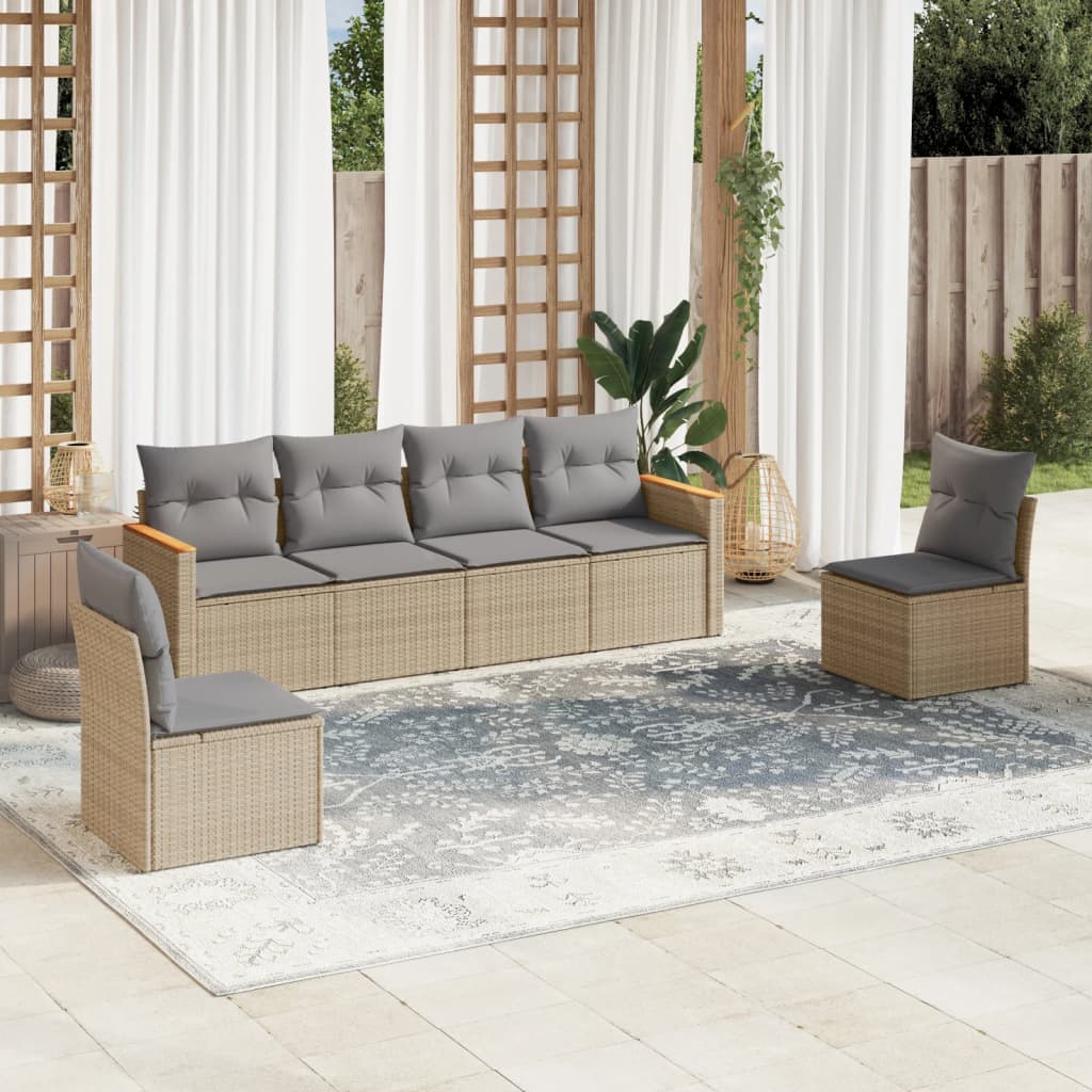 6 pcs conj. sofás jardim c/ almofadões vime PE bege misturado