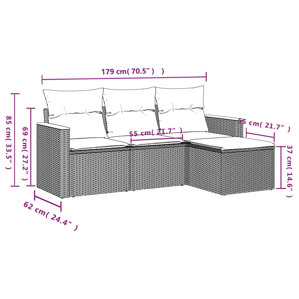 4 pcs conj. sofás jardim c/ almofadões vime PE bege misturado - Image 6