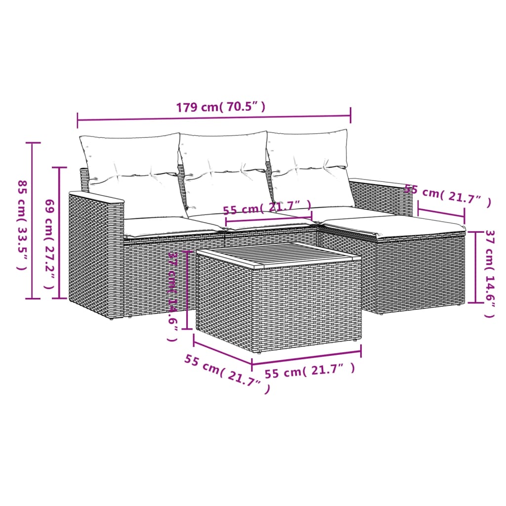 5 pcs conjunto de sofás p/ jardim com almofadões vime PE bege - Image 7