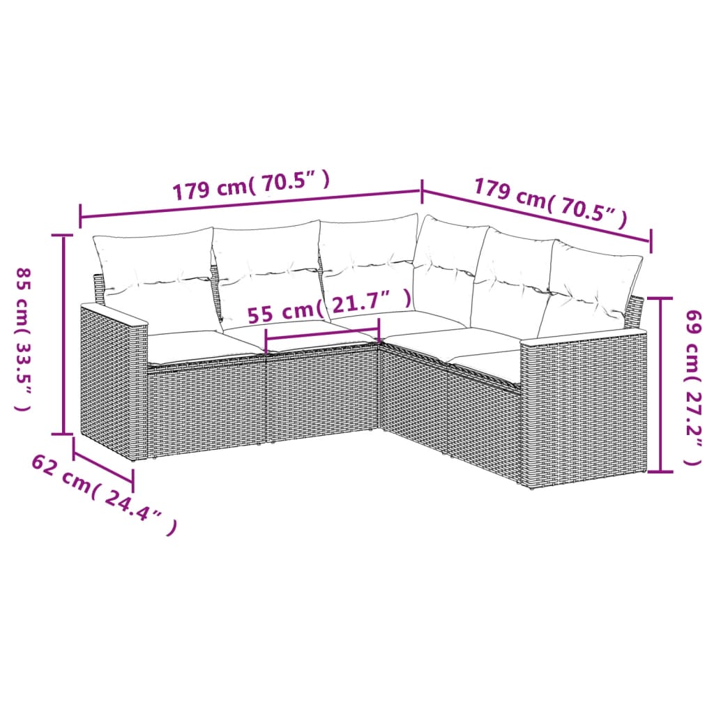 5 pcs conjunto sofás de jardim com almofadões vime PE preto - Image 6