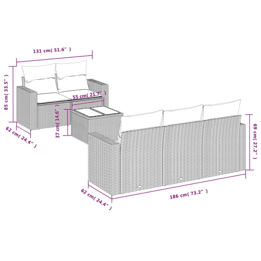 6 pcs conjunto de sofás p/ jardim com almofadões vime PE bege - Image 2