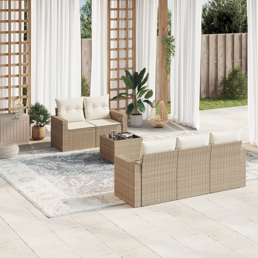 6 pcs conjunto de sofás p/ jardim com almofadões vime PE bege