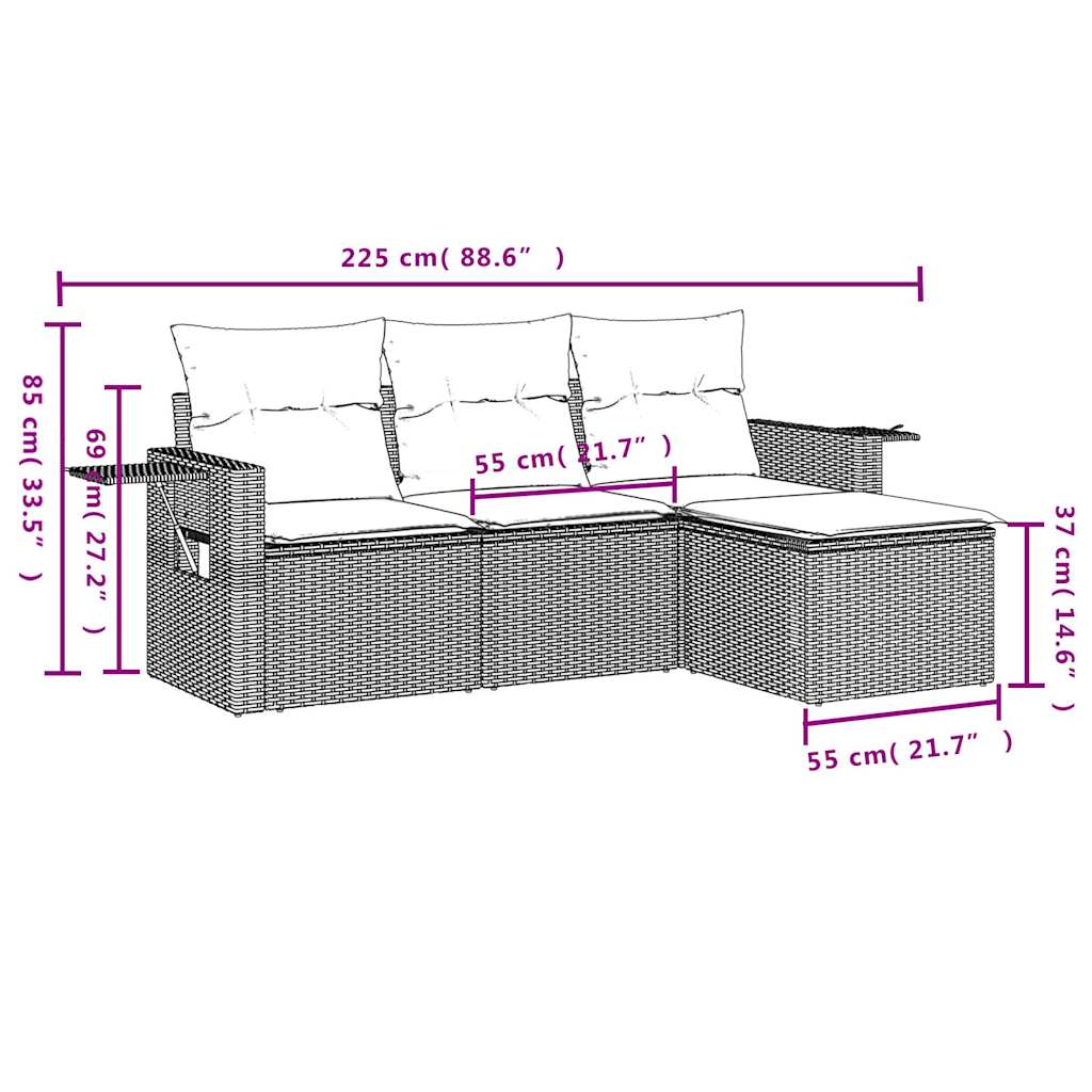 4 pcs conjunto sofás de jardim c/ almofadões vime PE cinzento - Image 2