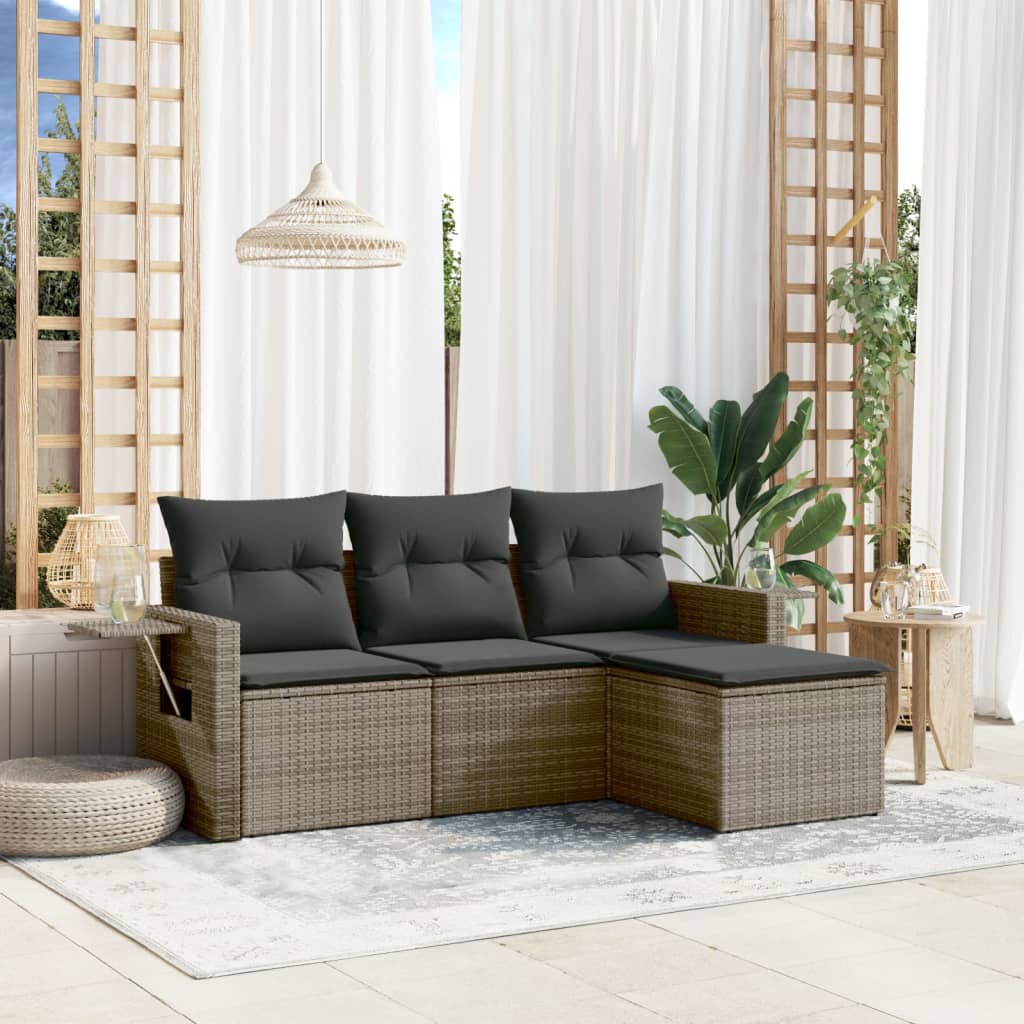 4 pcs conjunto sofás de jardim c/ almofadões vime PE cinzento