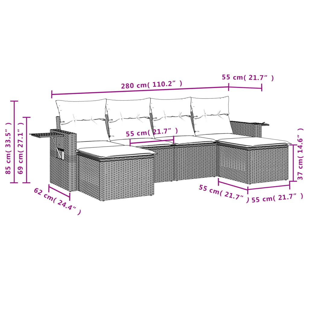 6 pcs conjunto sofás de jardim c/ almofadões vime PE preto - Image 2