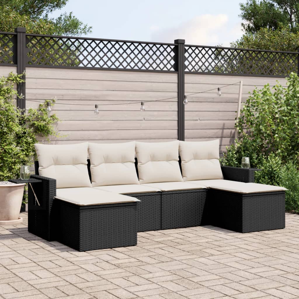 6 pcs conjunto sofás de jardim c/ almofadões vime PE preto