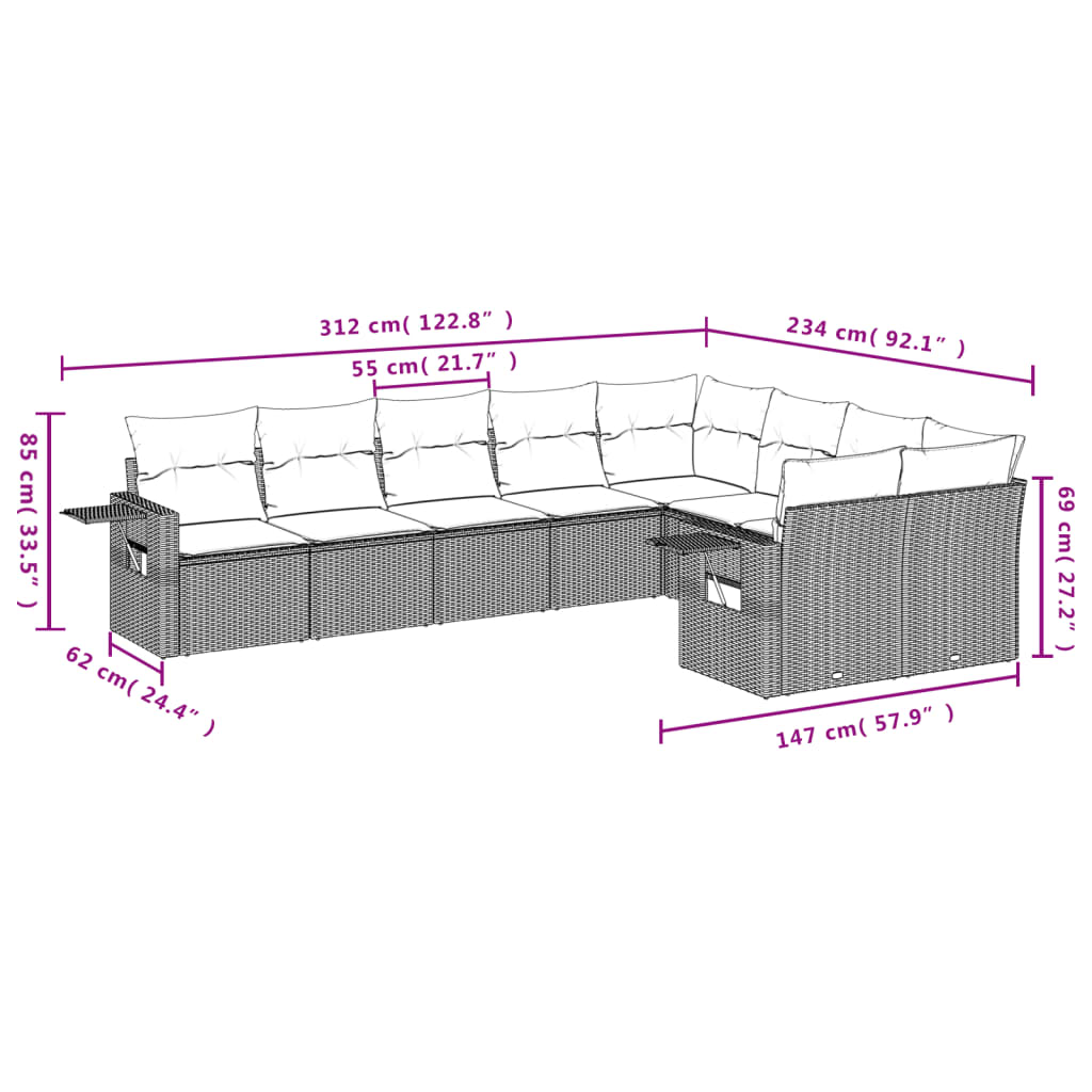 9 pcs conjunto de sofás p/ jardim com almofadões vime PE bege - Image 2