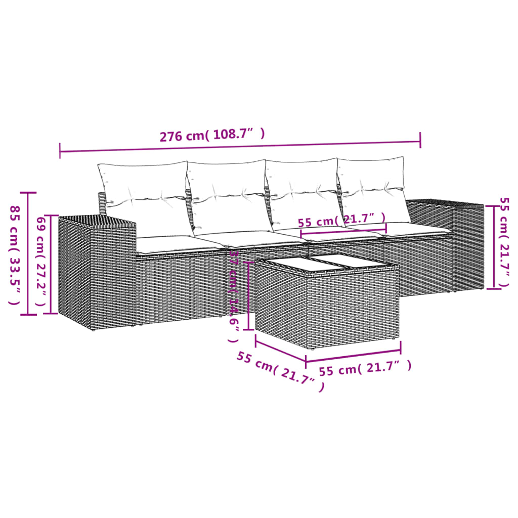 5 pcs conjunto sofás p/ jardim c/ almofadões vime PE castanho - Image 2