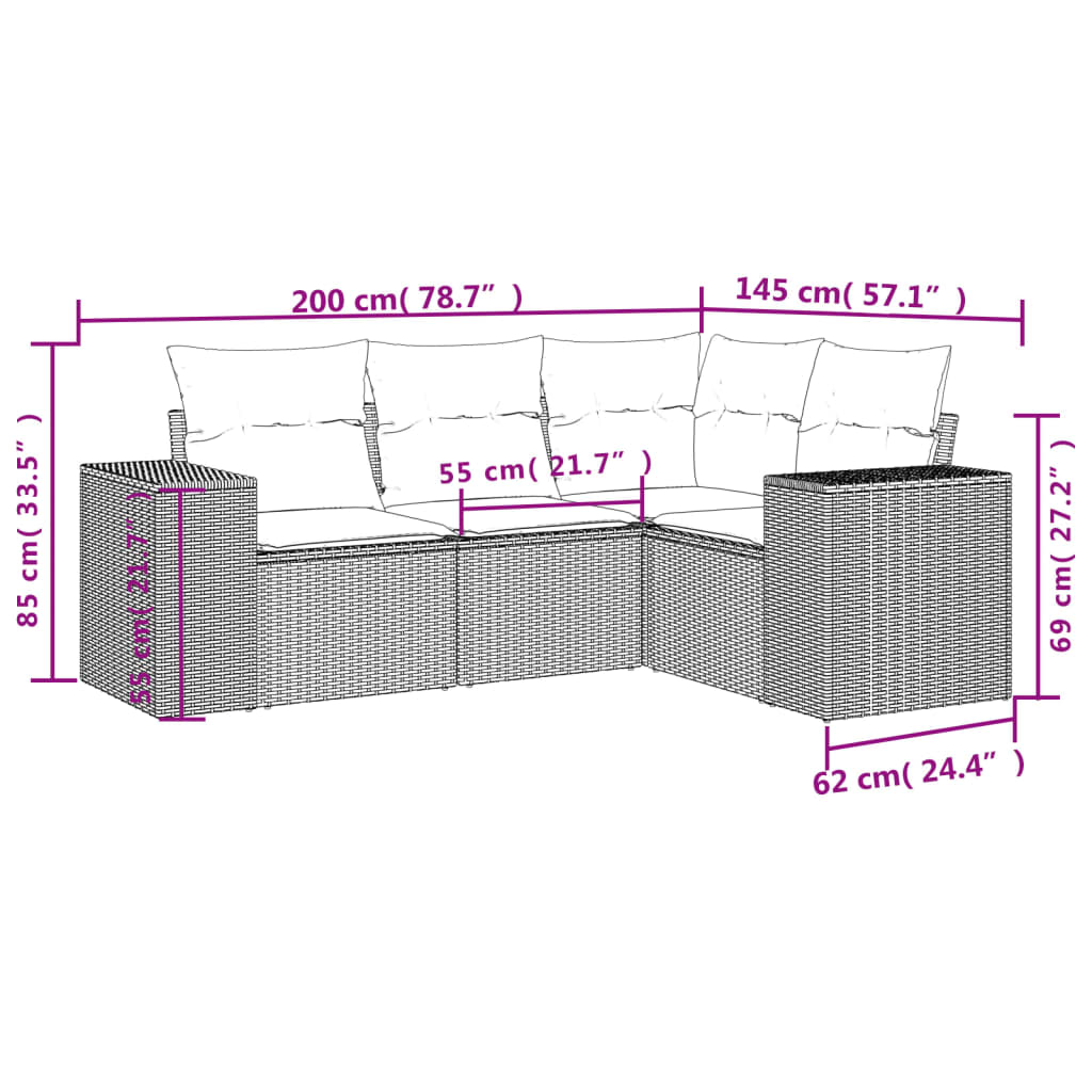 4 pcs conjunto sofás de jardim c/ almofadões vime PE castanho - Image 2