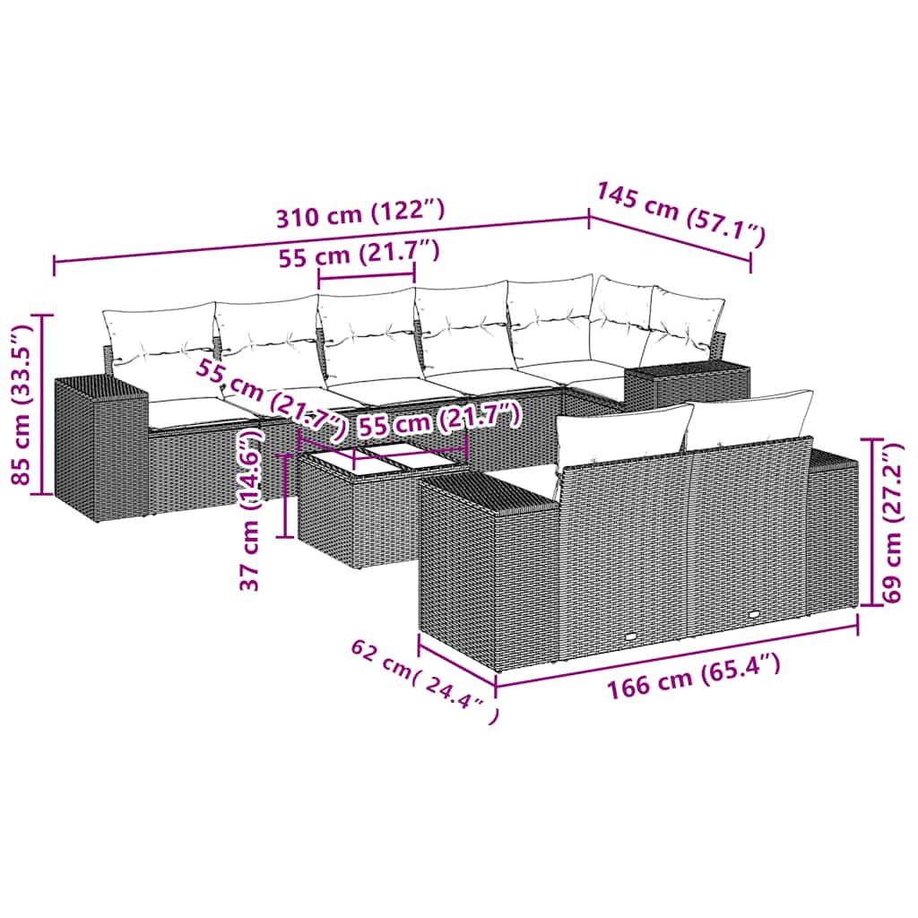 9 pcs conj. sofás jardim com almofadões vime PE cinzento-claro - Image 2