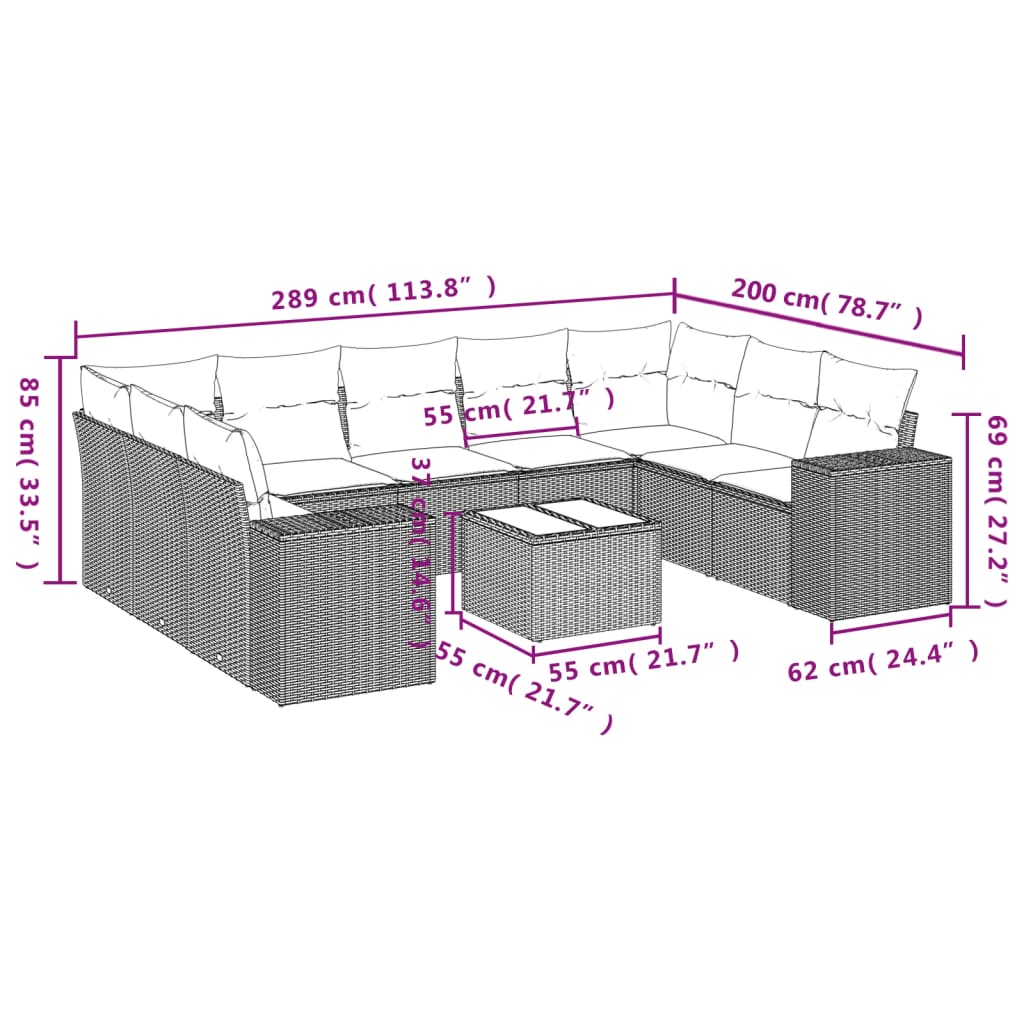 10 pcs conj. sofás jardim com almofadões vime PE cinzento-claro - Image 2