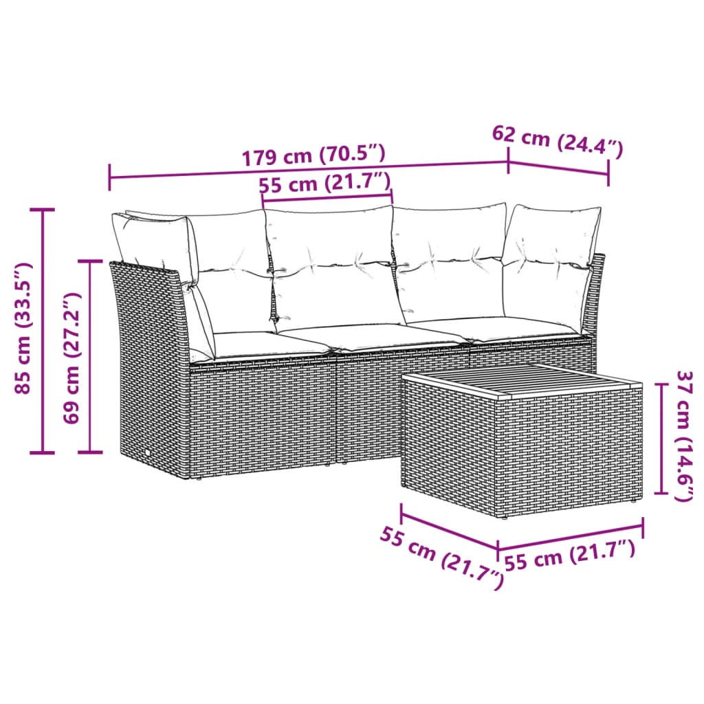4 pcs conj. sofás jardim c/ almofadões vime PE bege misturado - Image 9