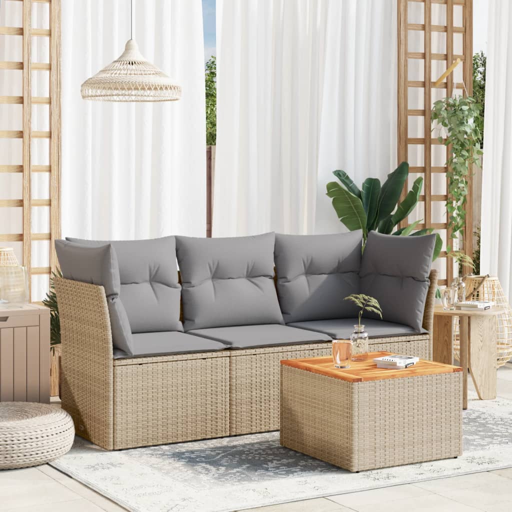 4 pcs conj. sofás jardim c/ almofadões vime PE bege misturado