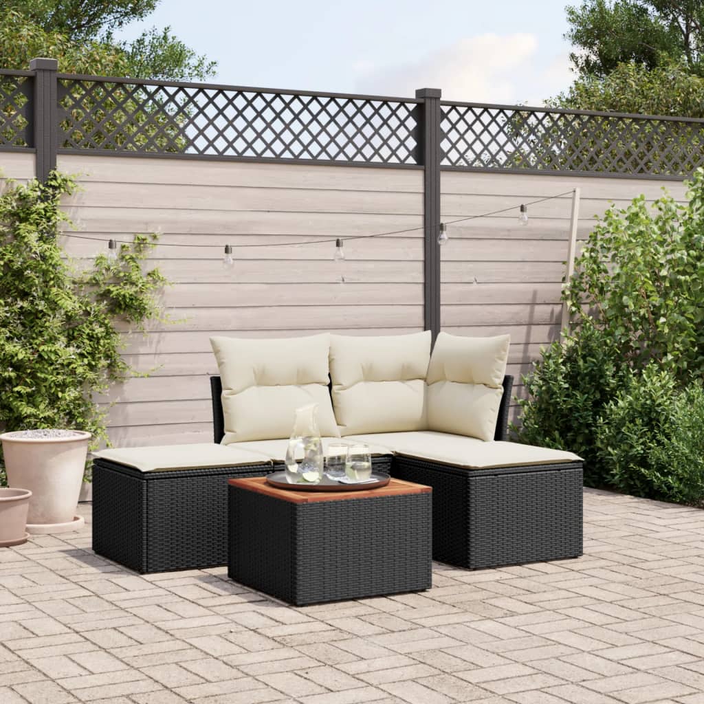 5 pcs conjunto sofás de jardim com almofadões vime PE preto