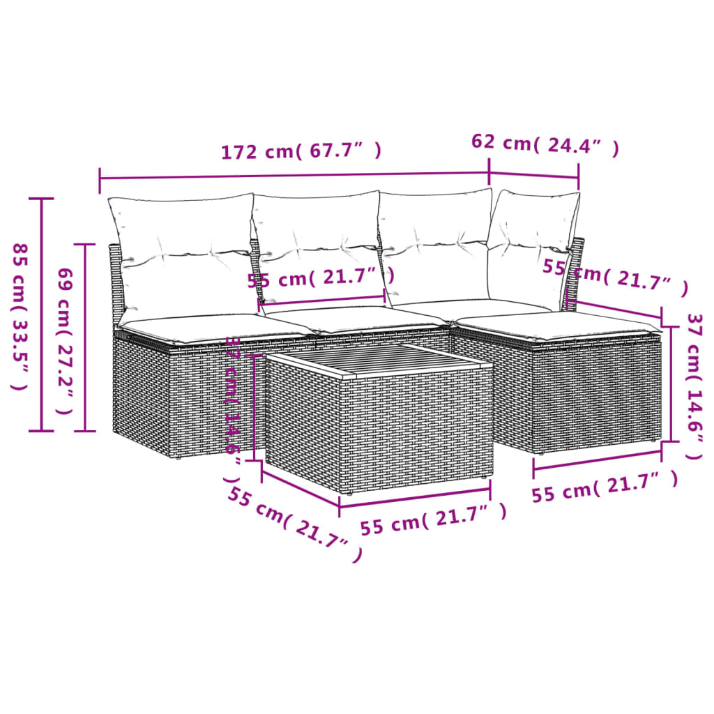 5 pcs conjunto sofás de jardim com almofadões vime PE preto - Image 10
