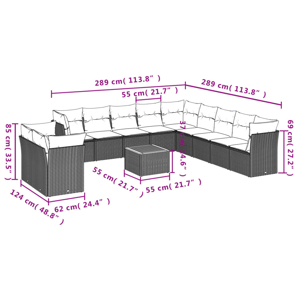 12 pcs conjunto de sofás de jardim c/ almofadões vime PE preto - Image 9