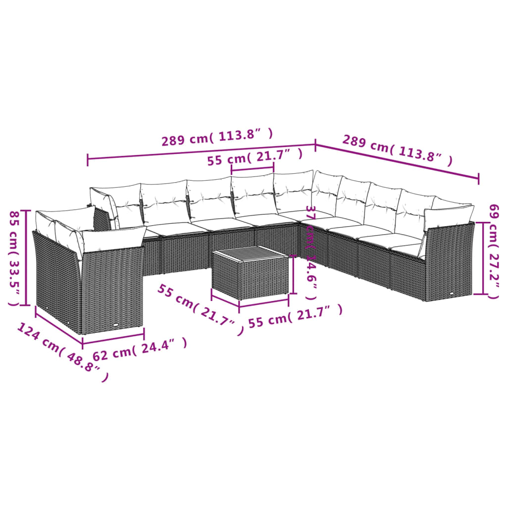 12 pcs conjunto de sofás p/ jardim com almofadões vime PE bege - Image 9