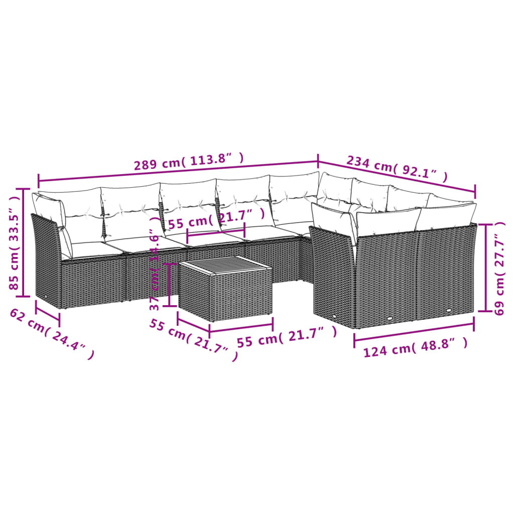 10 pcs conjunto de sofás p/ jardim com almofadões vime PE bege - Image 9
