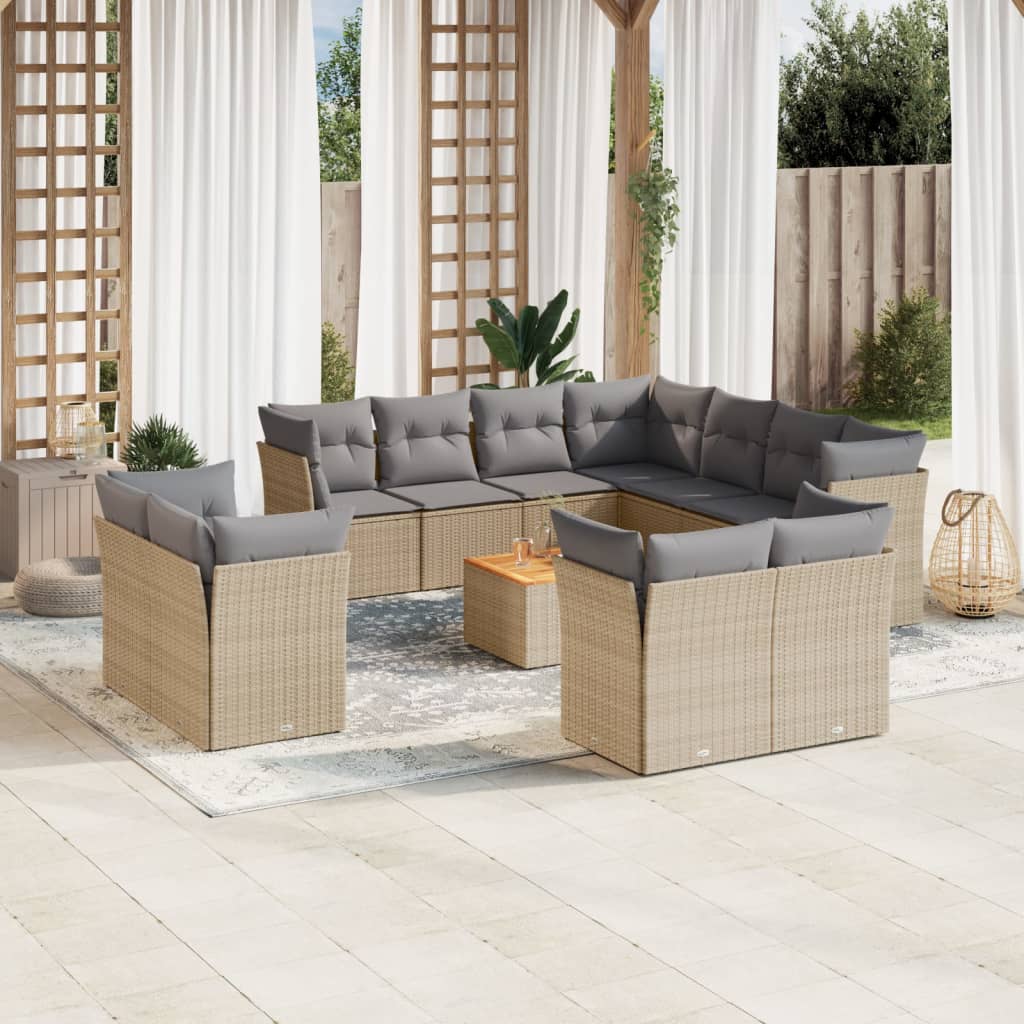 12 pcs conj. sofás jardim c/ almofadões vime PE bege misturado