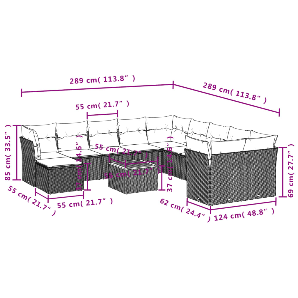 12 pcs conjunto de sofás de jardim c/ almofadões vime PE preto - Image 10