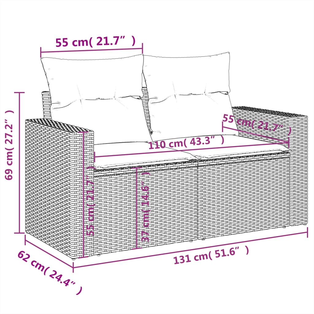 5 pcs conjunto sofás de jardim c/ almofadões vime PE cinzento - Image 11