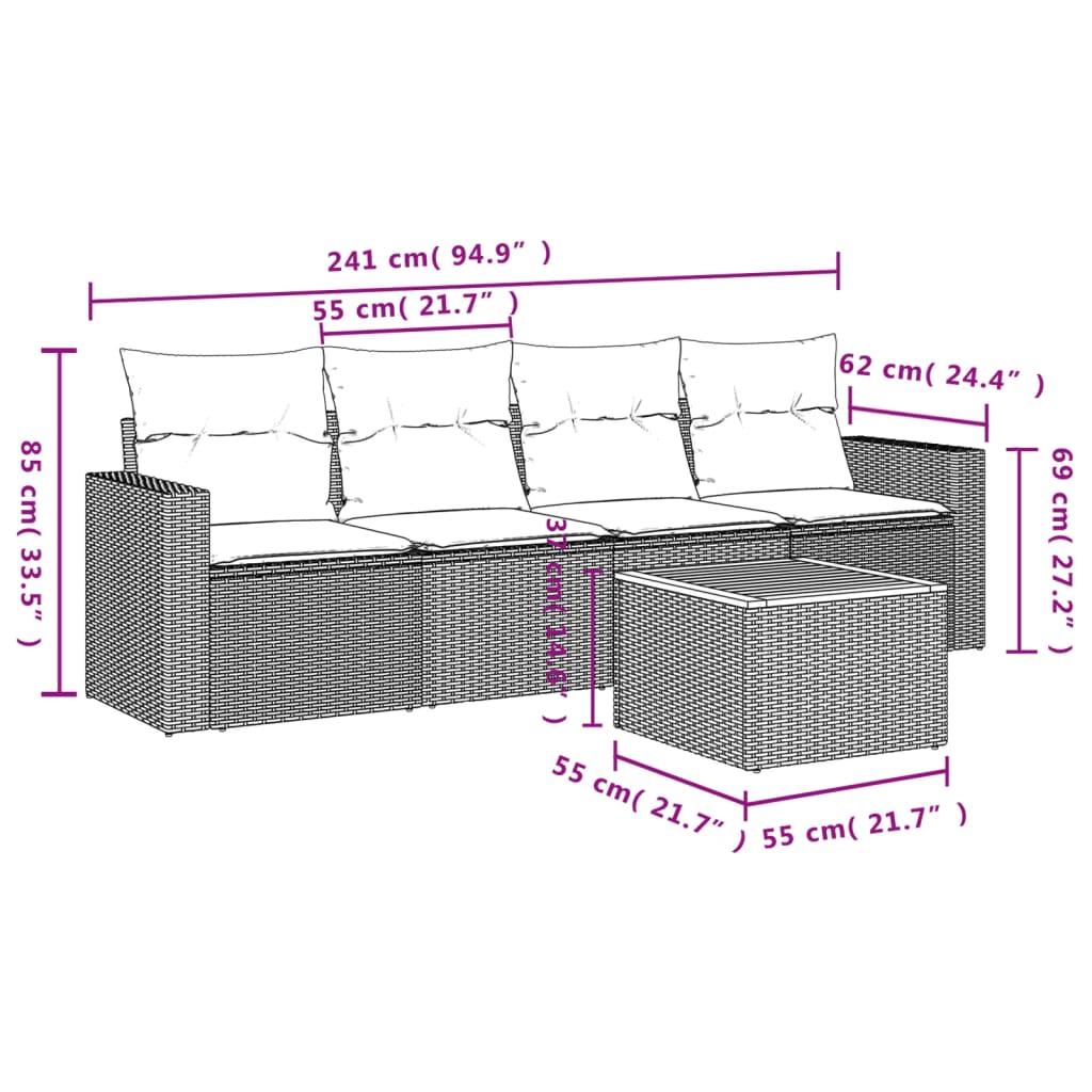 5 pcs conjunto sofás de jardim c/ almofadões vime PE cinzento - Image 9