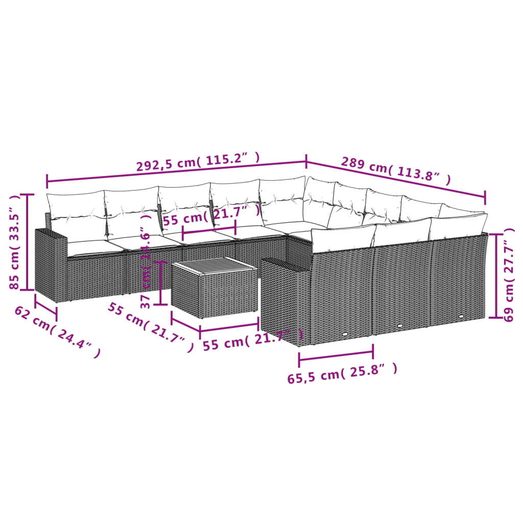 12 pcs conjunto de sofás de jardim c/ almofadões vime PE preto - Image 11