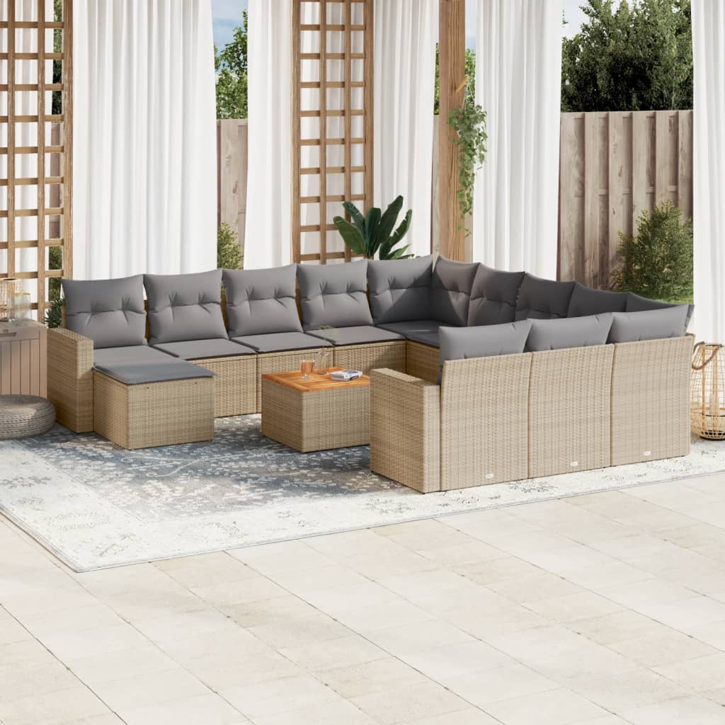 13 pcs conj. sofás jardim c/ almofadões vime PE bege misturado