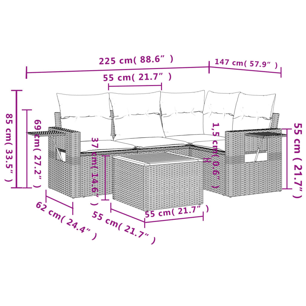 5 pcs conjunto sofás de jardim c/ almofadões vime PE cinzento - Image 2