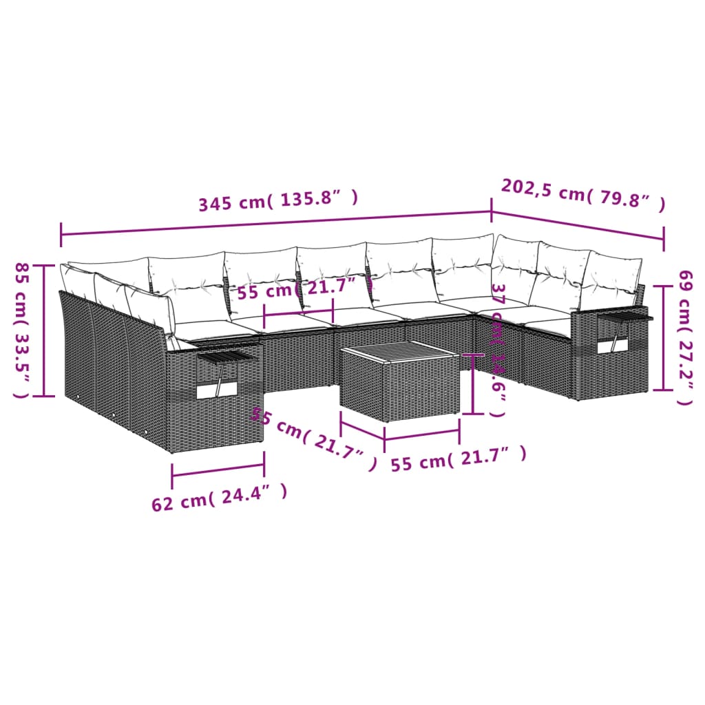 11 pcs conjunto sofás de jardim c/ almofadões vime PE bege - Image 2