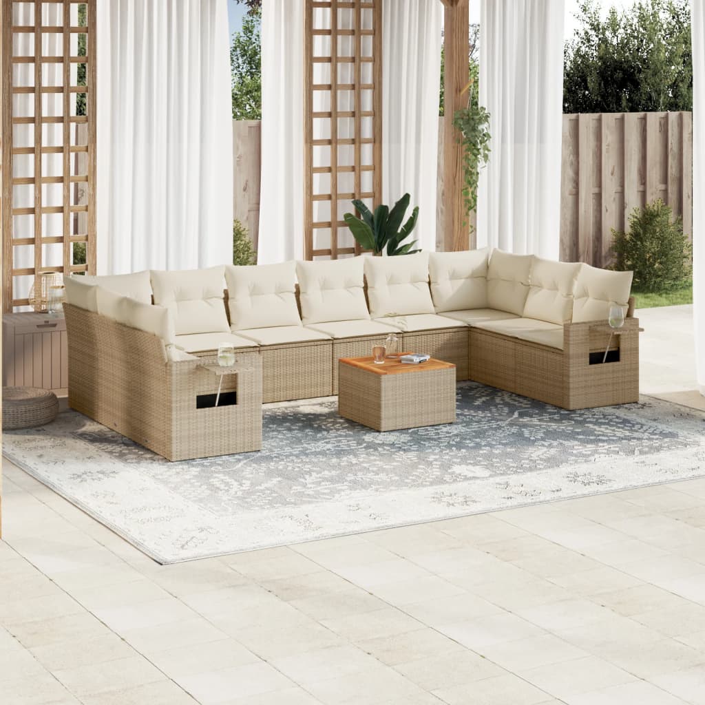 11 pcs conjunto sofás de jardim c/ almofadões vime PE bege
