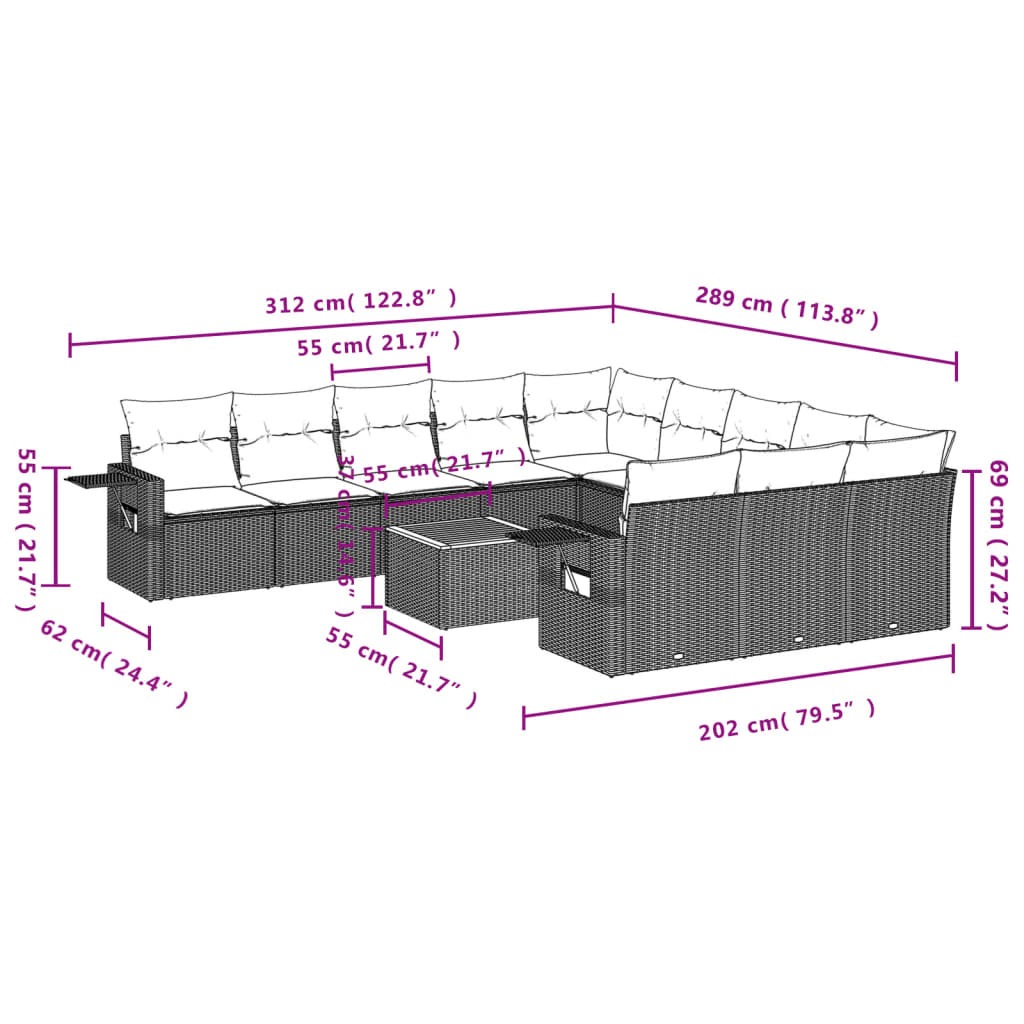 12 pcs conjunto de sofás de jardim c/ almofadões vime PE preto - Image 2
