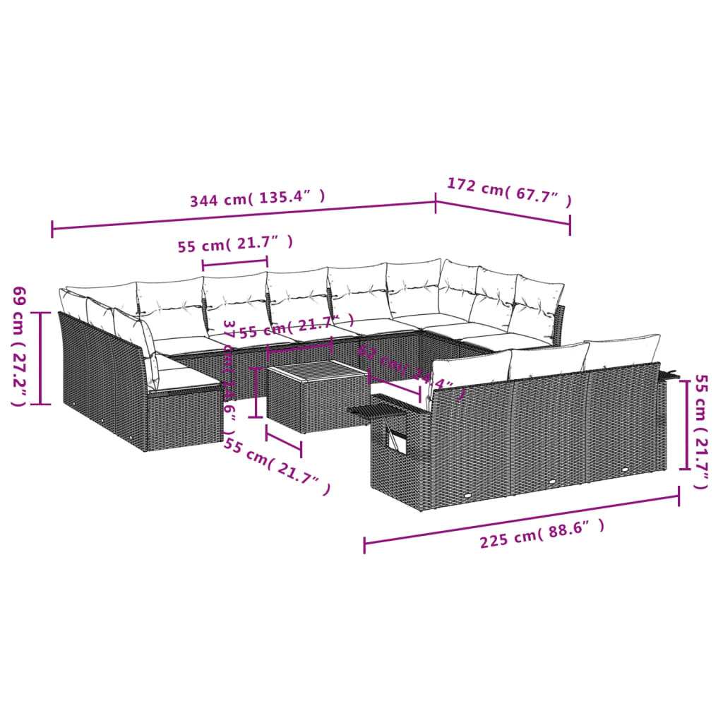 14 pcs conjunto sofás p/ jardim c/ almofadões vime PE cinzento - Image 2