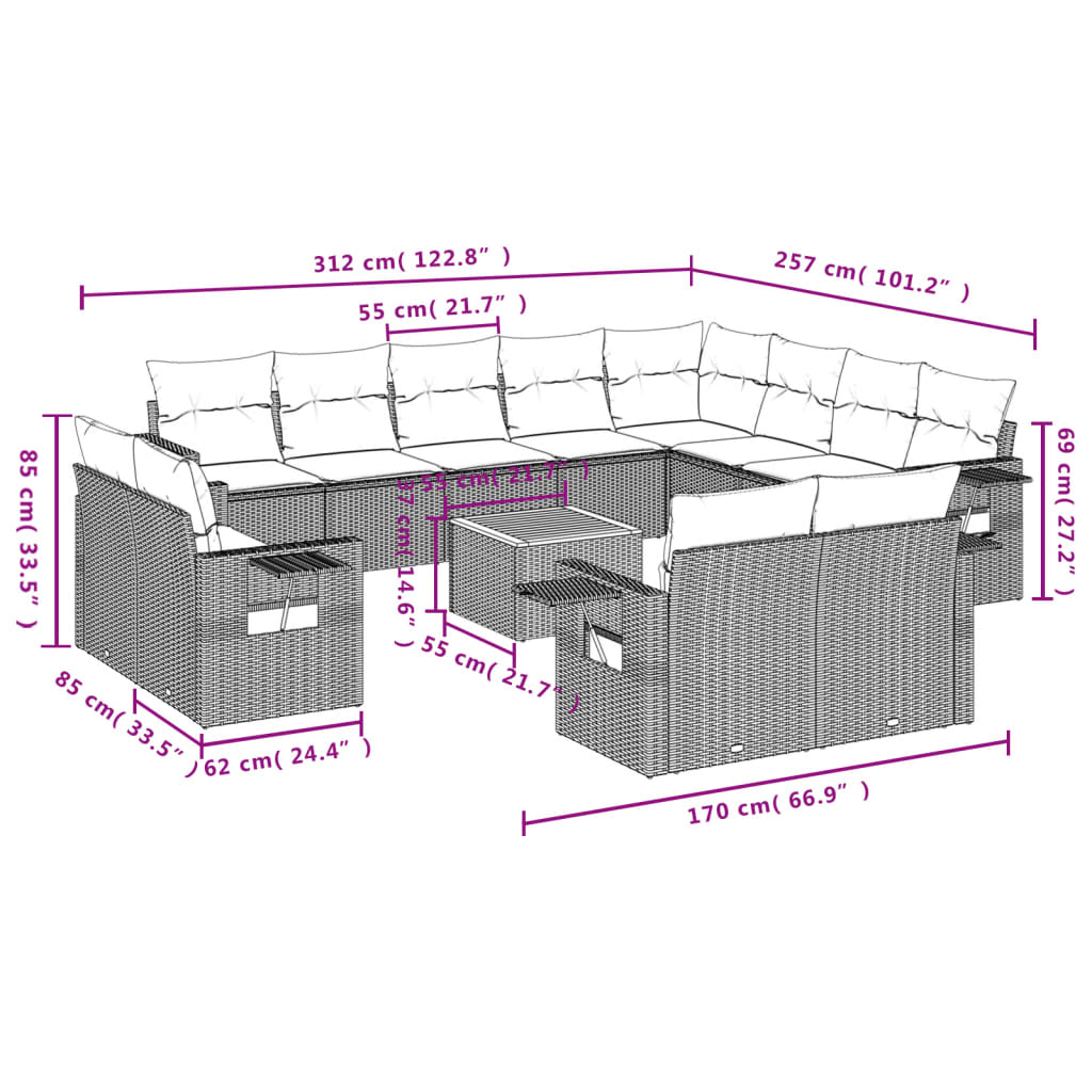 13 pcs conjunto de sofás de jardim com almofadões vime PE preto - Image 2