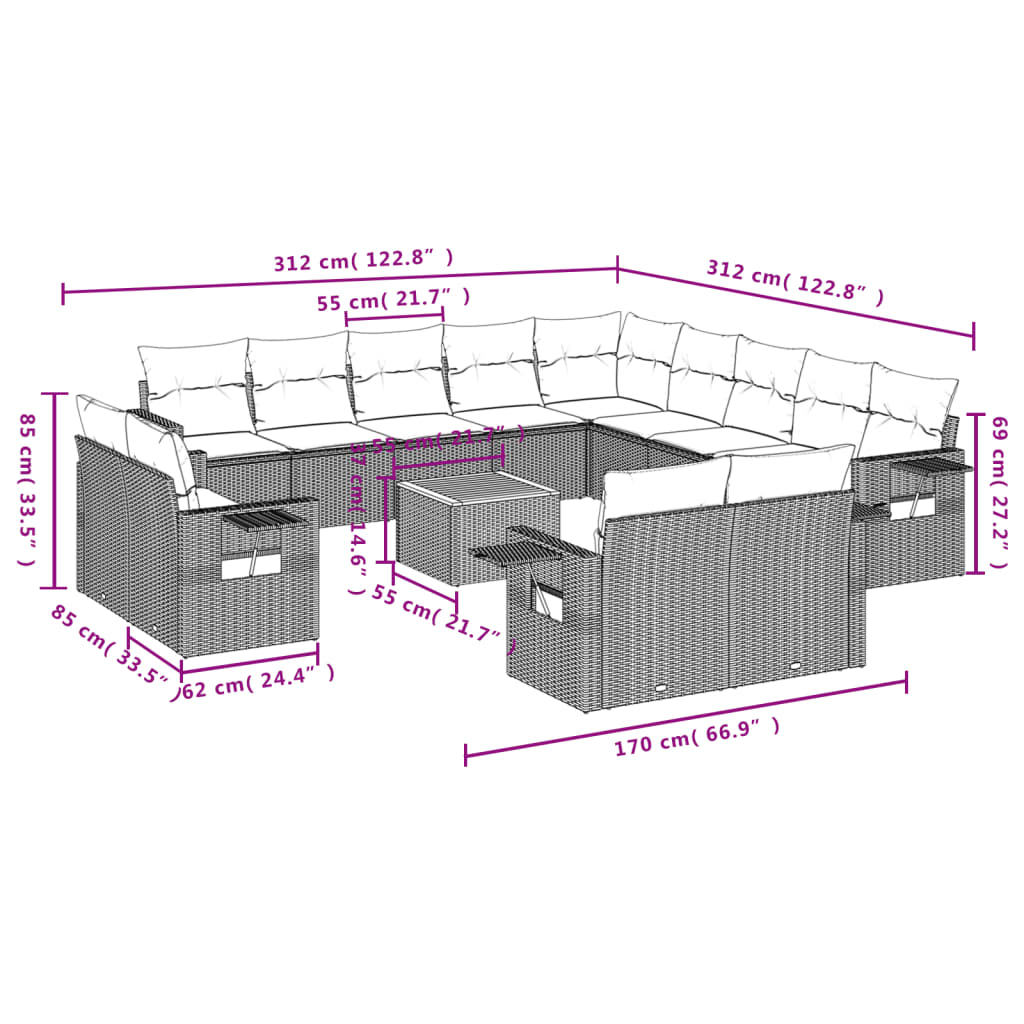 14 pcs conjunto de sofás p/ jardim c/ almofadões vime PE preto - Image 2