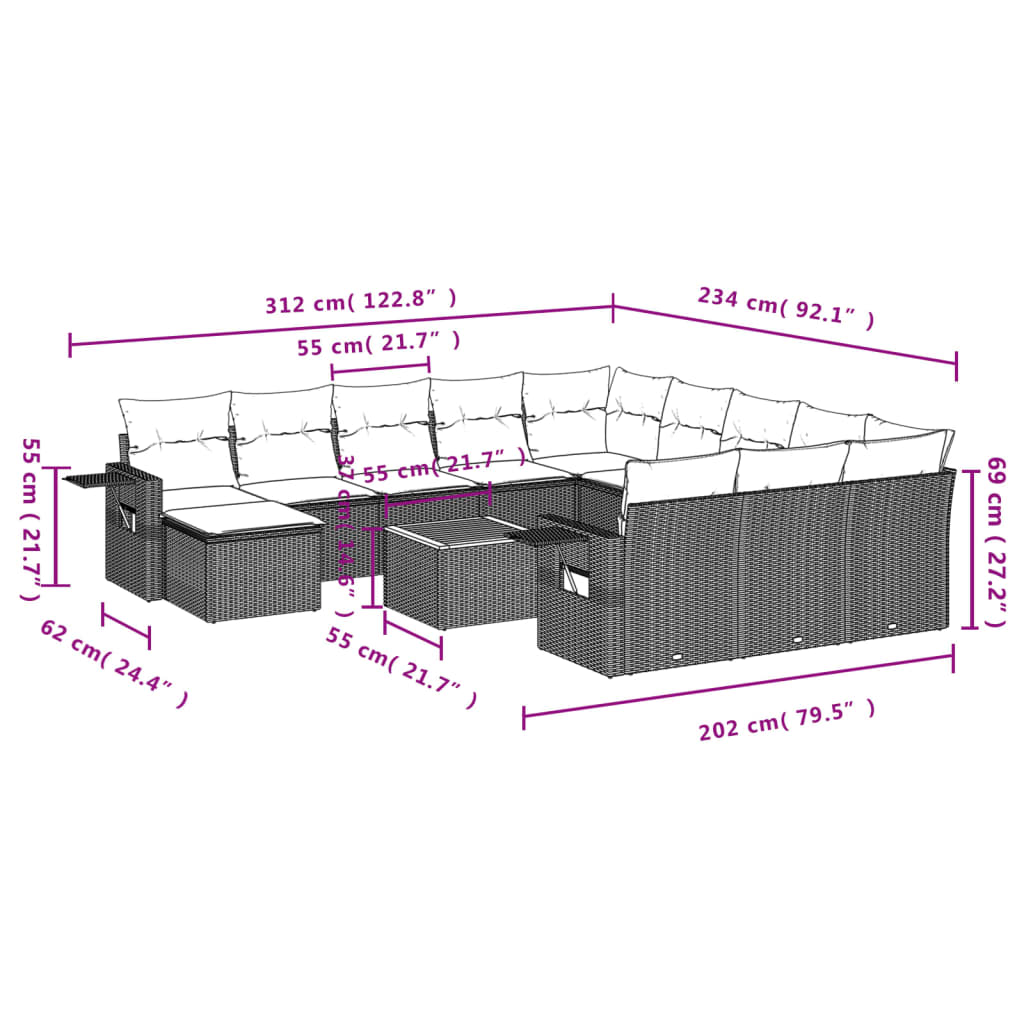 13 pcs conjunto de sofás de jardim com almofadões vime PE preto - Image 2