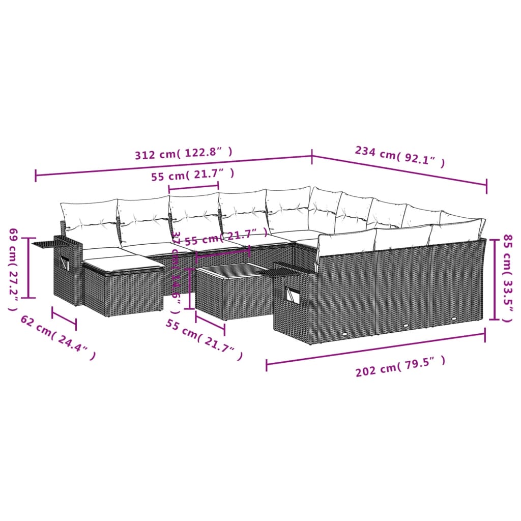 13 pcs conjunto de sofás p/ jardim com almofadões vime PE bege - Image 2