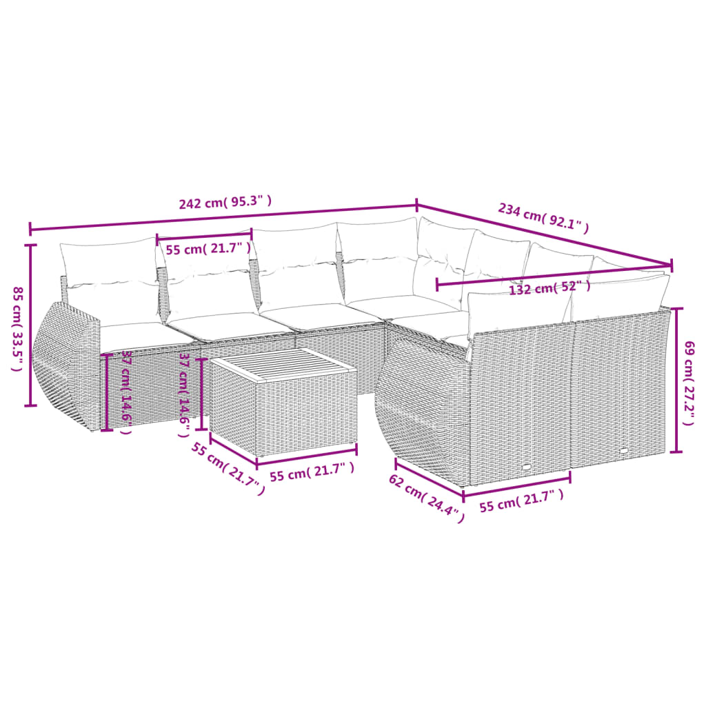 9 pcs conjunto de sofás p/ jardim com almofadões vime PE bege - Image 2