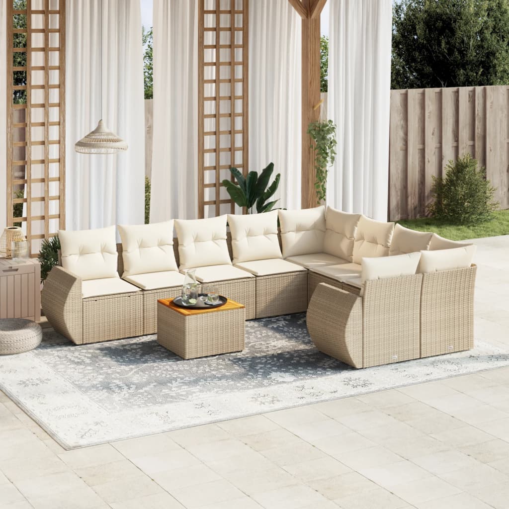 9 pcs conjunto de sofás p/ jardim com almofadões vime PE bege