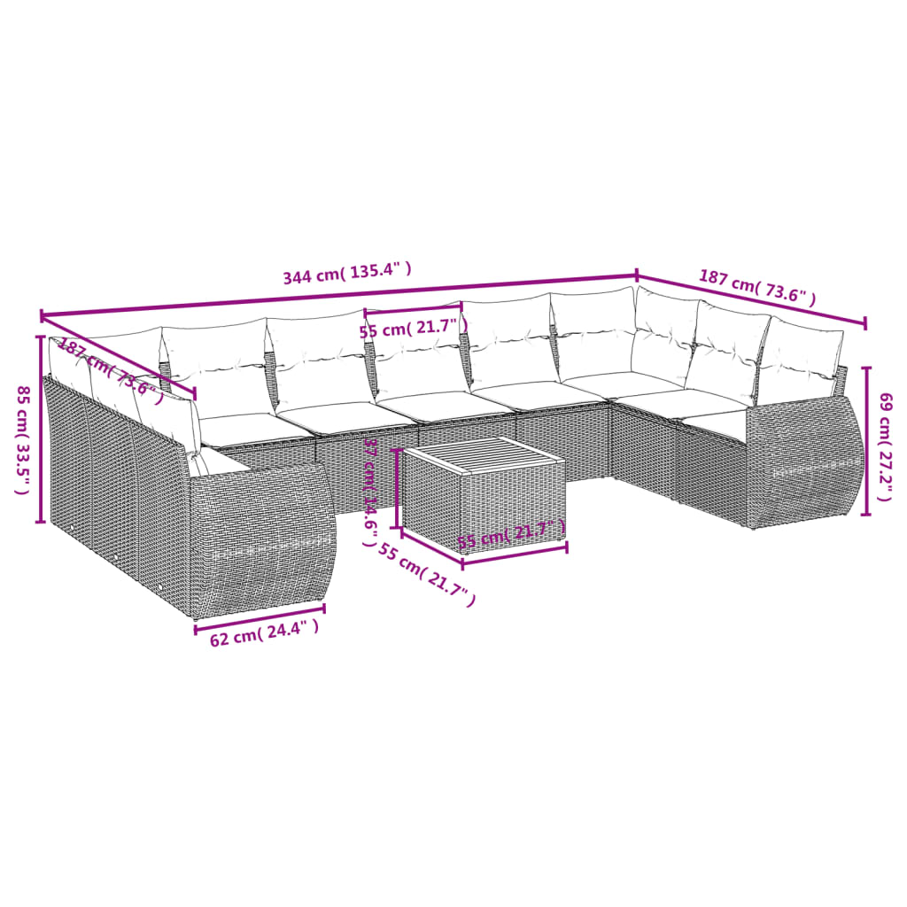 11 pcs conjunto sofás de jardim c/ almofadões vime PE bege - Image 2