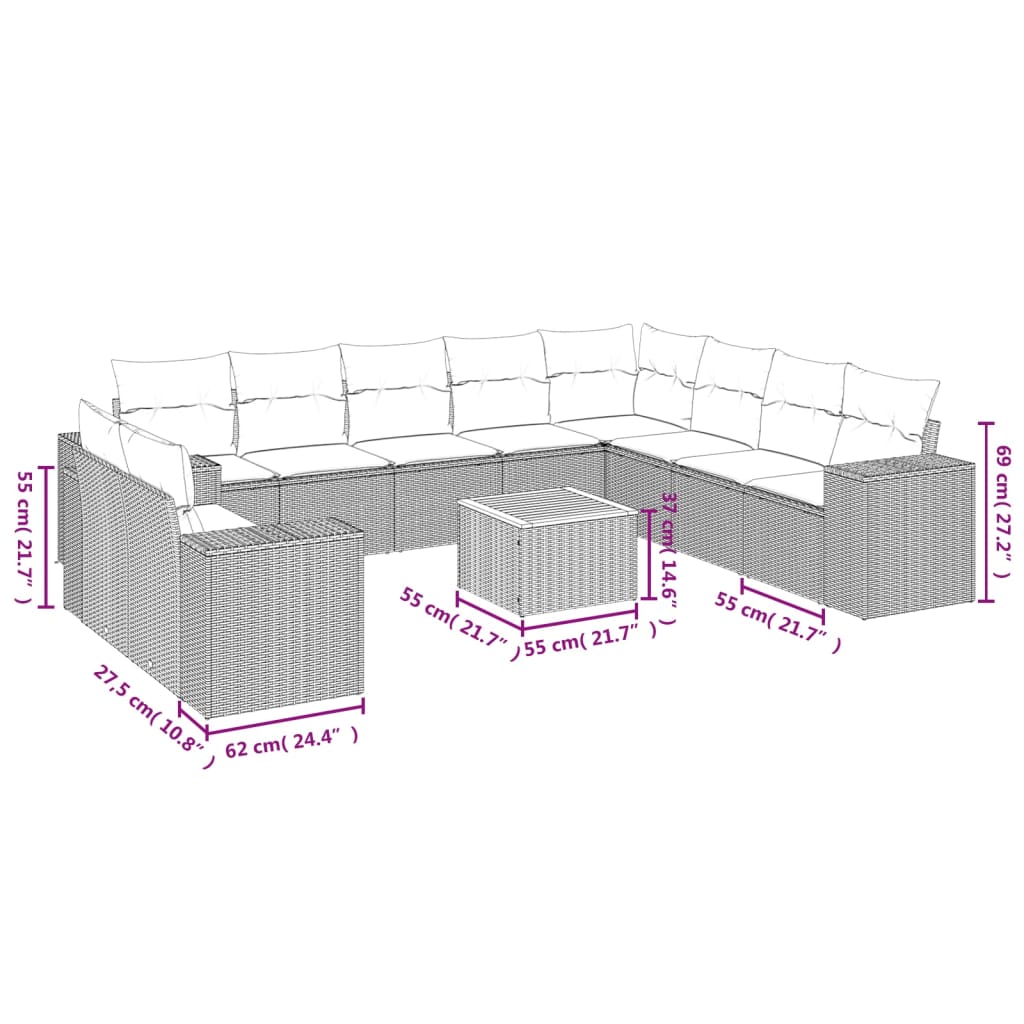 11 pcs conjunto sofás de jardim c/ almofadões vime PE preto - Image 2