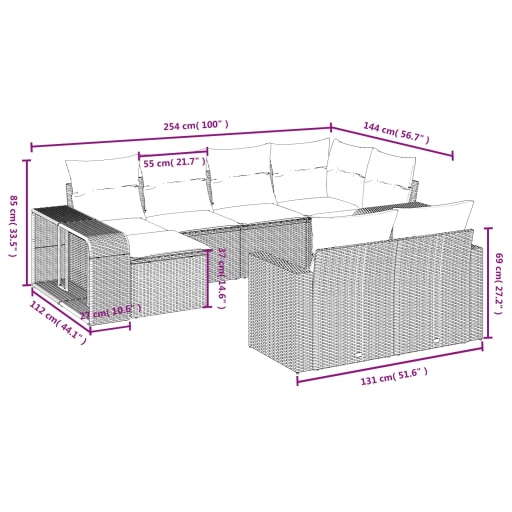 10 pcs conjunto de sofás p/ jardim com almofadões vime PE bege - Image 2