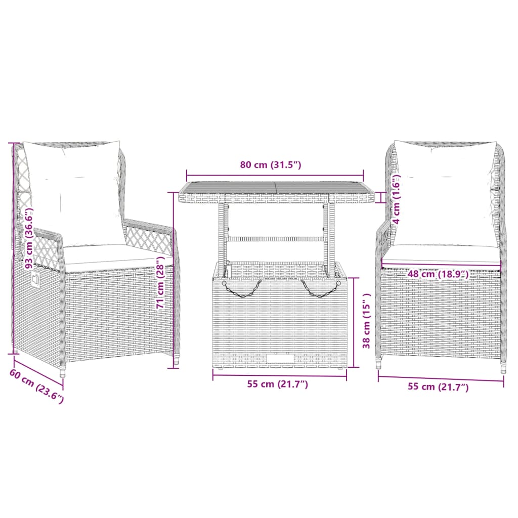 3 pcs conjunto de jantar p/ jardim c/ almofadões vime PE preto - Image 8