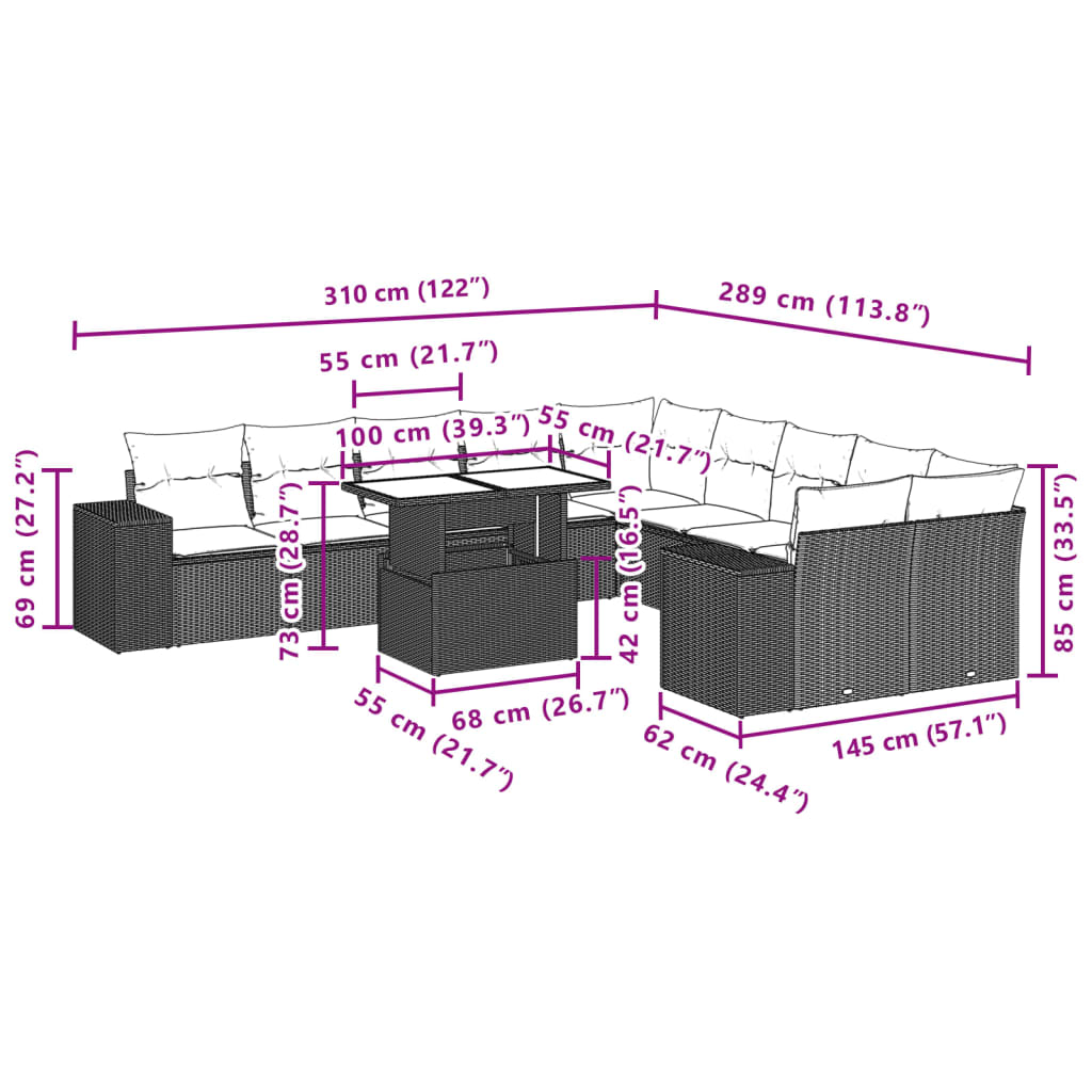 11 pcs conjunto sofás de jardim c/ almofadões vime PE castanho - Image 9