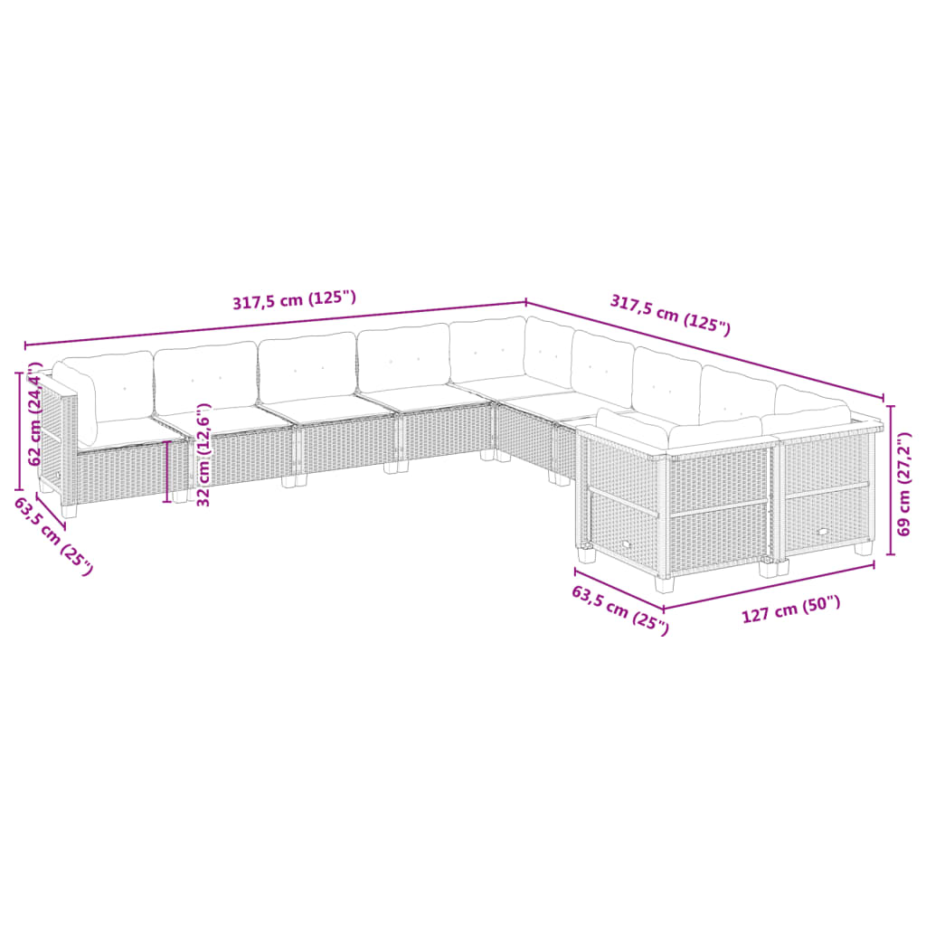 10 pcs conjunto de sofás p/ jardim com almofadões vime PE bege - Image 5