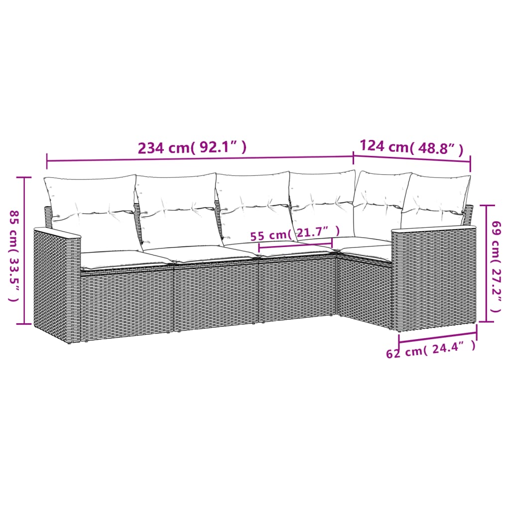 5 pcs conjunto de sofás p/ jardim com almofadões vime PE bege - Image 2